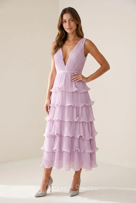 Lavender Pleated Chiffon Sleeveless Deep V Neck Low Back Tiered Ruffle Midi A Line Prom Dress