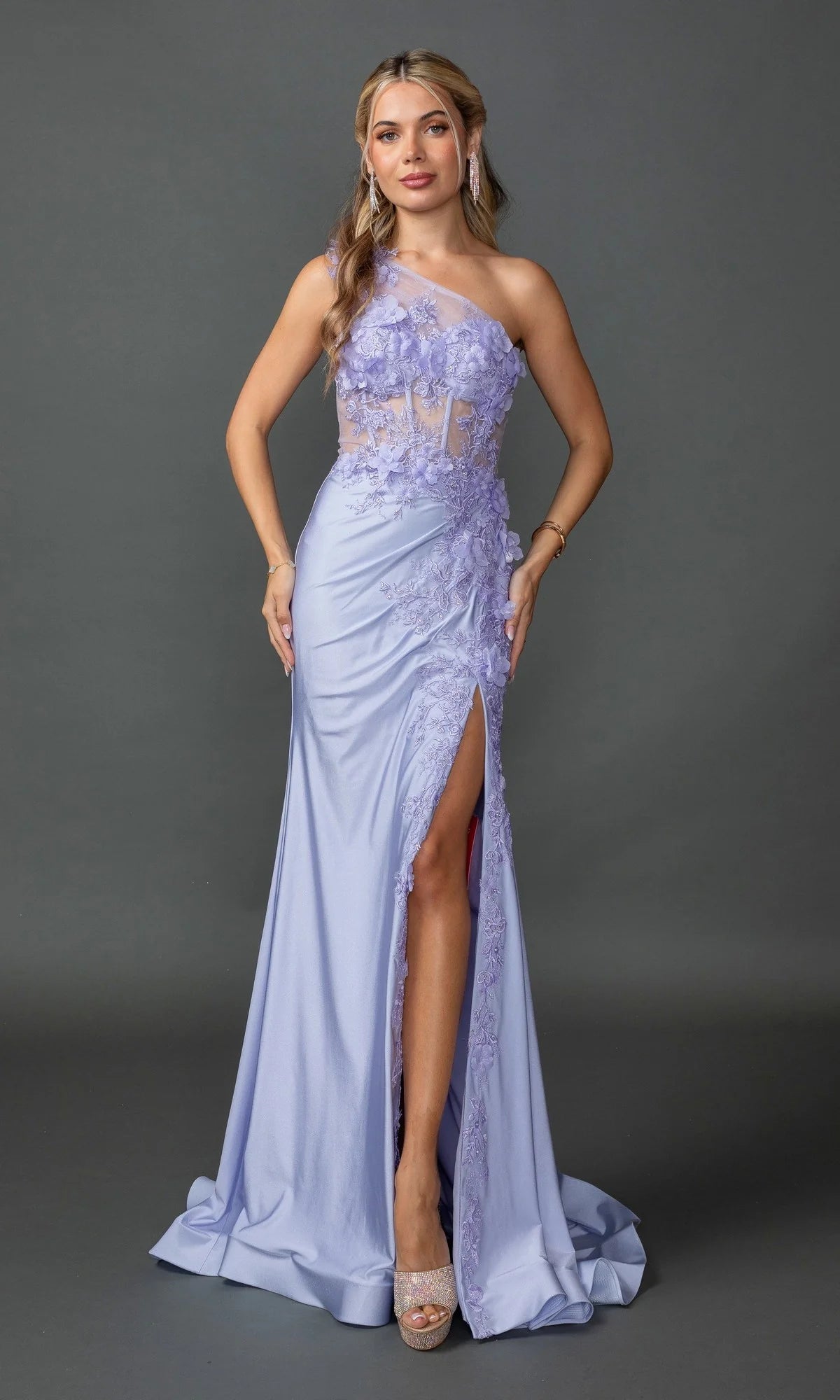 Lavender Satin Maxi Prom Dresses with One Shoulder Sheer Mesh Bodice 3D Floral Embroidery High Slit and Mermaid Train