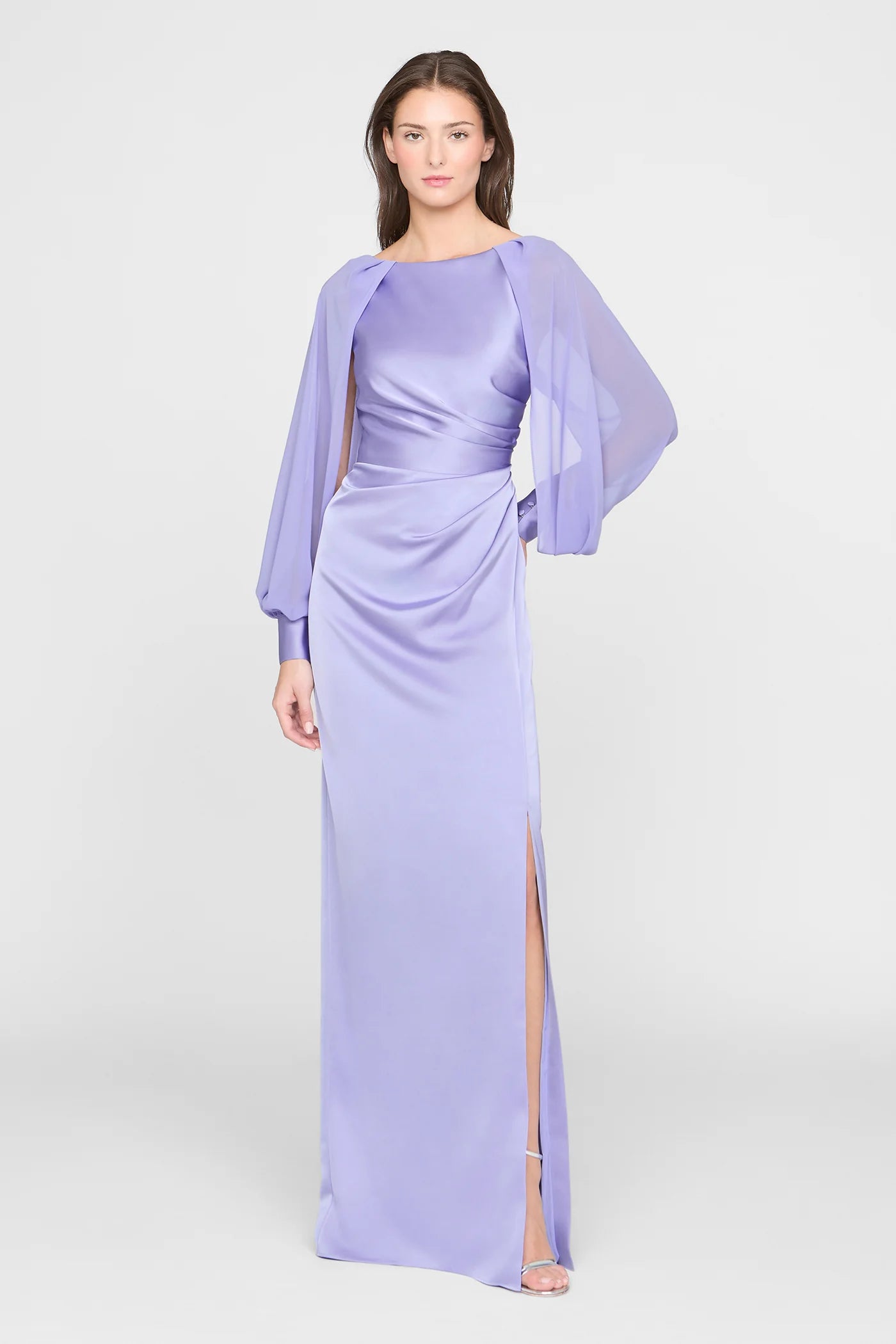 Lavender Satin Sheath Boat Neck Chiffon Cape Sleeve Ruched Waist High Slit Floor Length Formal Evening Prom Dress