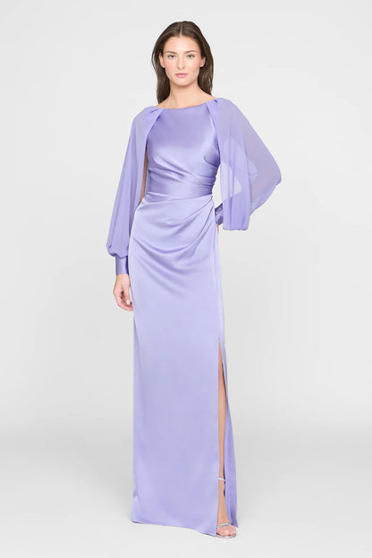 Lavender Satin Sheath Boat Neck Chiffon Cape Sleeve Ruched Waist High Slit Floor Length Formal Evening Prom Dress