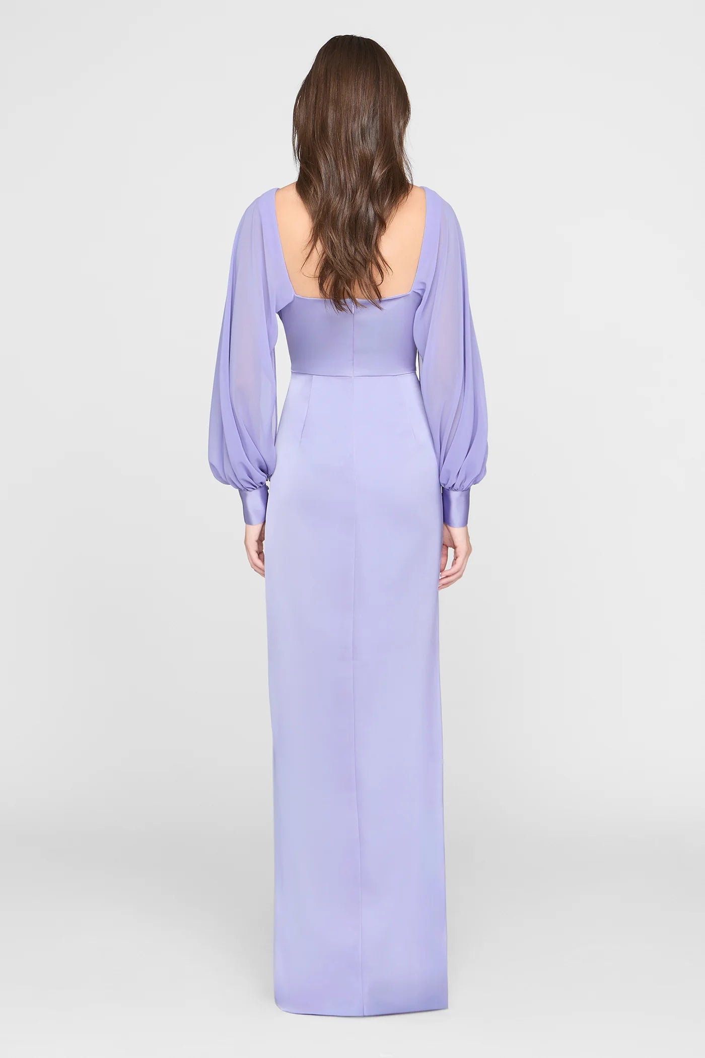Lavender Satin Sheath Boat Neck Chiffon Cape Sleeve Ruched Waist High Slit Floor Length Formal Evening Prom Dress