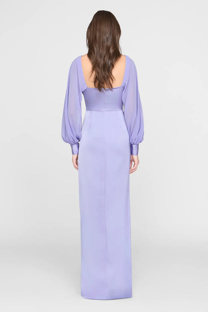 Lavender Satin Sheath Boat Neck Chiffon Cape Sleeve Ruched Waist High Slit Floor Length Formal Evening Prom Dress