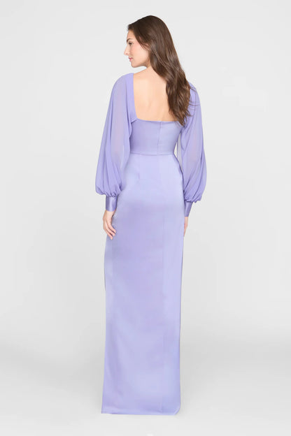 Lavender Satin Sheath Boat Neck Chiffon Cape Sleeve Ruched Waist High Slit Floor Length Formal Evening Prom Dress