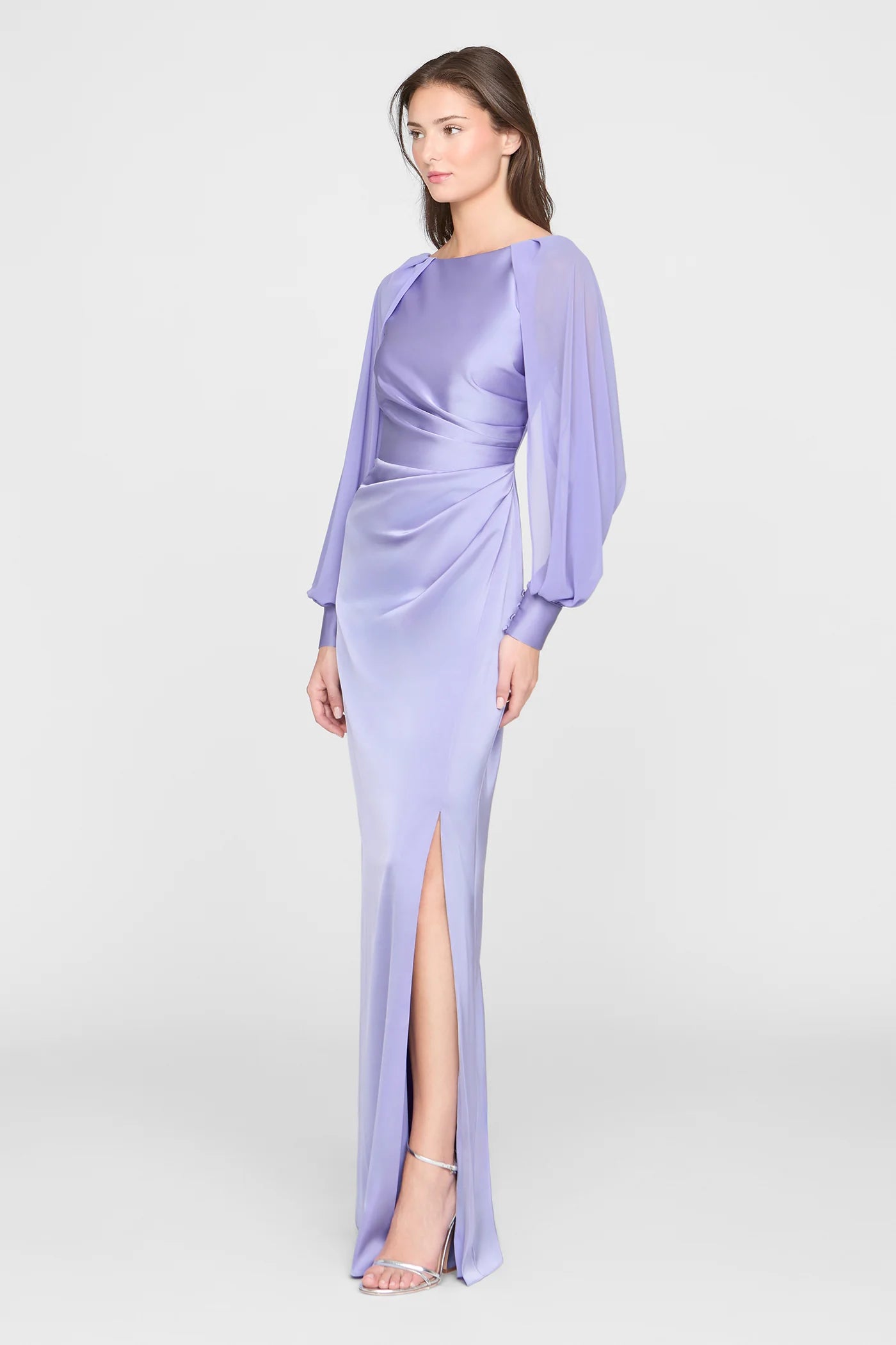 Lavender Satin Sheath Boat Neck Chiffon Cape Sleeve Ruched Waist High Slit Floor Length Formal Evening Prom Dress