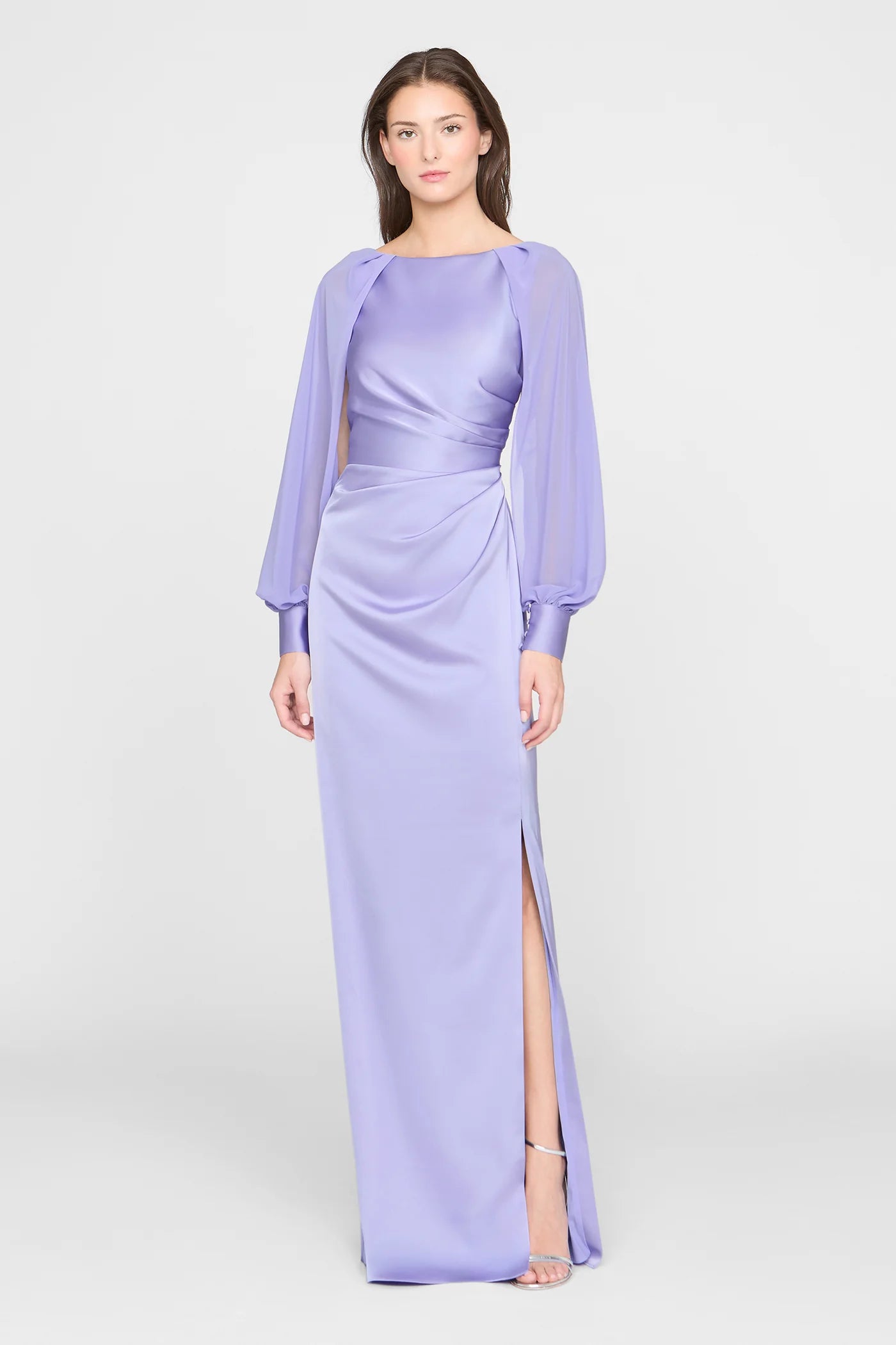 Lavender Satin Sheath Boat Neck Chiffon Cape Sleeve Ruched Waist High Slit Floor Length Formal Evening Prom Dress