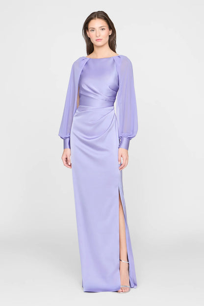 Lavender Satin Sheath Boat Neck Chiffon Cape Sleeve Ruched Waist High Slit Floor Length Formal Evening Prom Dress