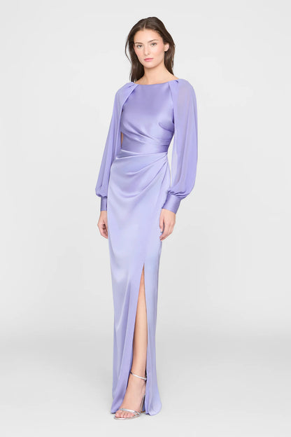 Lavender Satin Sheath Boat Neck Chiffon Cape Sleeve Ruched Waist High Slit Floor Length Formal Evening Prom Dress
