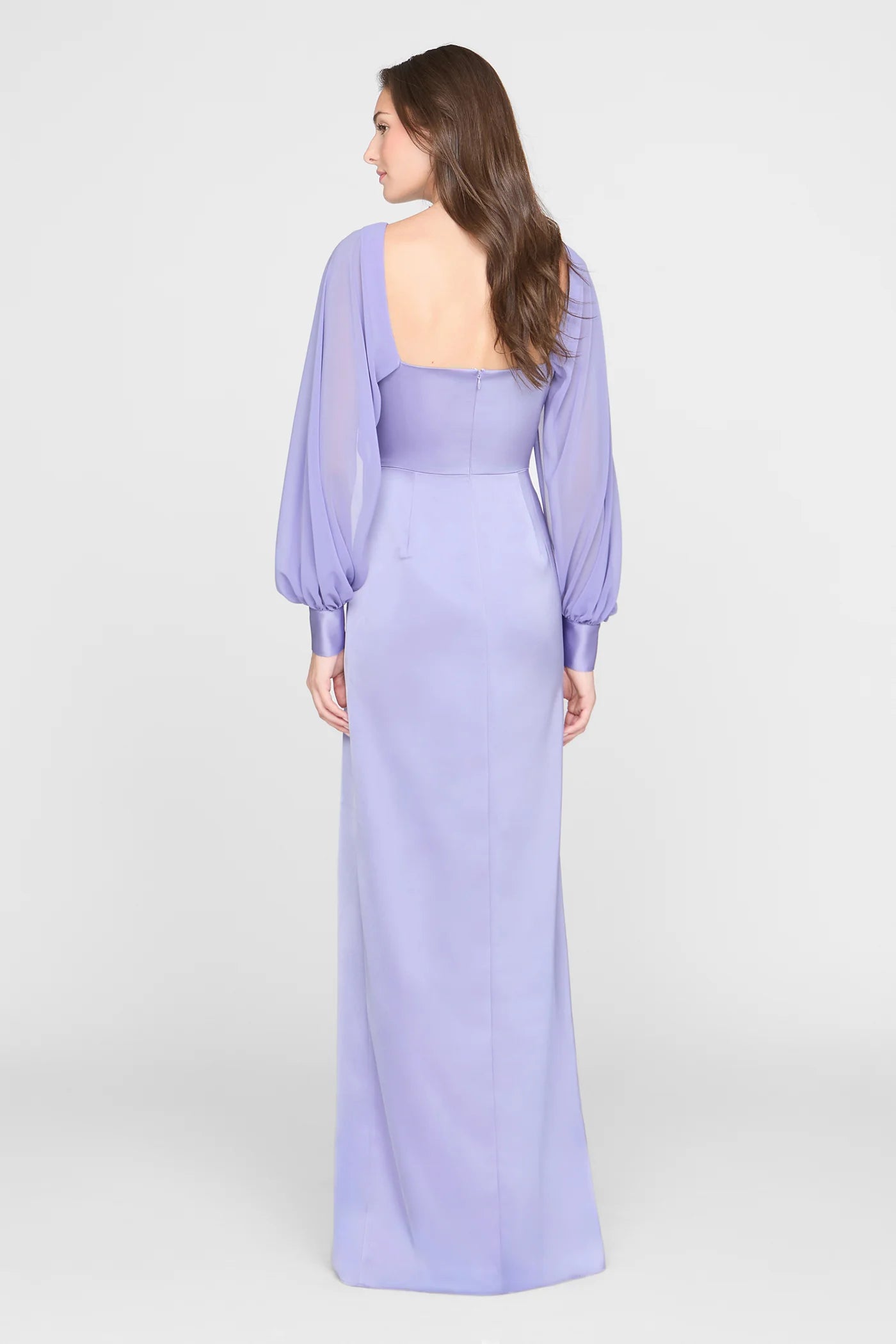 Lavender Satin Sheath Boat Neck Chiffon Cape Sleeve Ruched Waist High Slit Floor Length Formal Evening Prom Dress