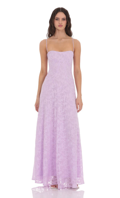 Lavender Spaghetti Strap Prom Dress With Lace-Up Back And Burnout Floral Print Formal Prom Dress