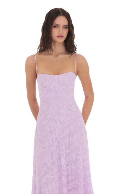 Lavender Spaghetti Strap Prom Dress With Lace-Up Back And Burnout Floral Print Formal Prom Dress