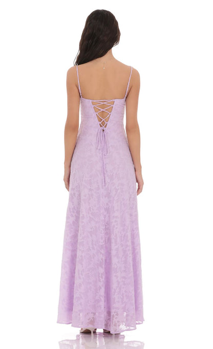 Lavender Spaghetti Strap Prom Dress With Lace-Up Back And Burnout Floral Print Formal Prom Dress