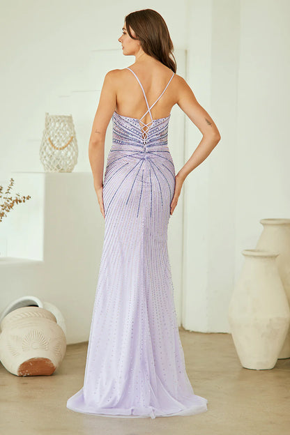 Lavender Spaghetti Strap Sunburst Beaded Crisscross Back Slit Maxi Evening Dress