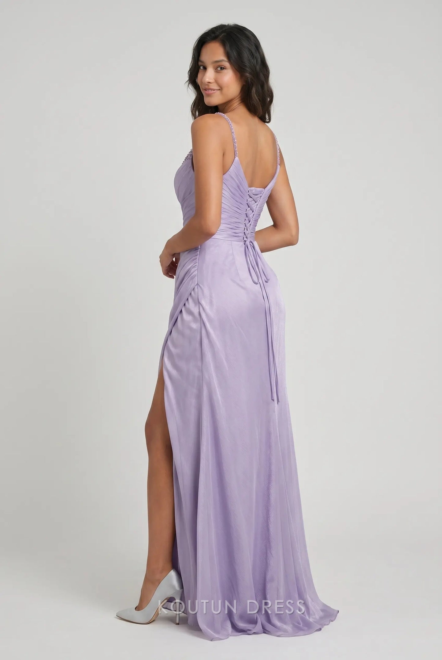 Lavender Spaghetti Strap V Neck Beaded Trim Ruched Chiffon Formal Evening Prom Dress With Slit