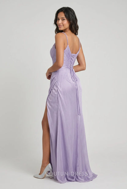 Lavender Spaghetti Strap V Neck Beaded Trim Ruched Chiffon Formal Evening Prom Dress With Slit