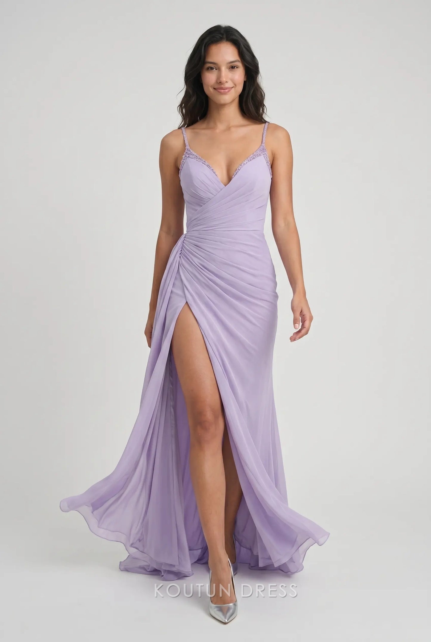 Lavender Spaghetti Strap V Neck Beaded Trim Ruched Chiffon Formal Evening Prom Dress With Slit