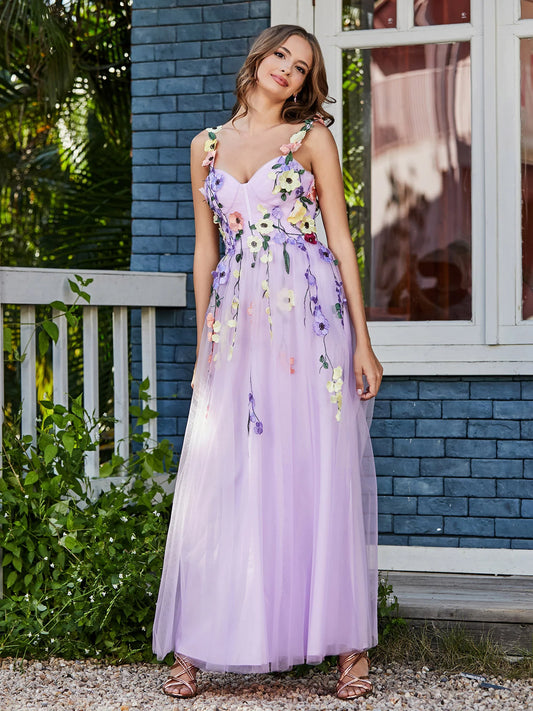 Lavender Tulle Maxi Prom Dresses with Spaghetti Strap 3D Floral Applique V Neck Bodice for Prom and Garden Wedding