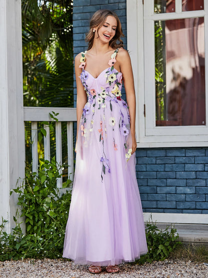 Lavender Tulle Maxi Prom Dresses with Spaghetti Strap 3D Floral Applique V Neck Bodice for Prom and Garden Wedding