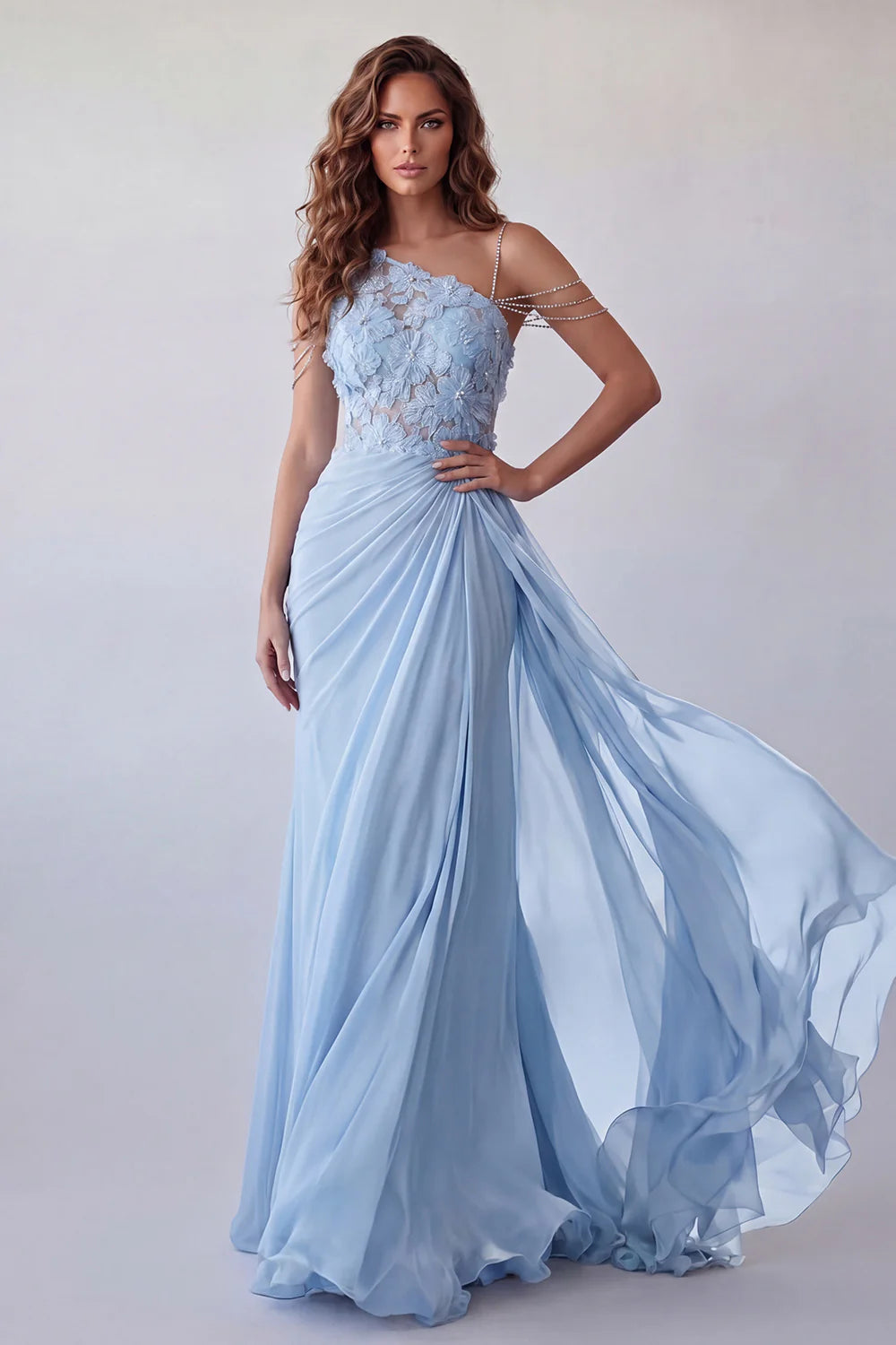Light Blue Asymmetric Prom Dress With Floral Lace Bodice Beaded Strap And Draped Chiffon Skirt Formal Prom Dress