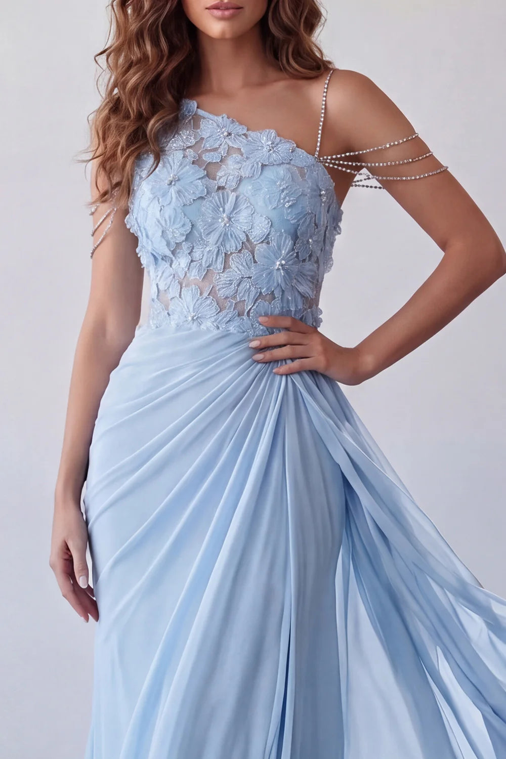 Light Blue Asymmetric Prom Dress With Floral Lace Bodice Beaded Strap And Draped Chiffon Skirt Formal Prom Dress