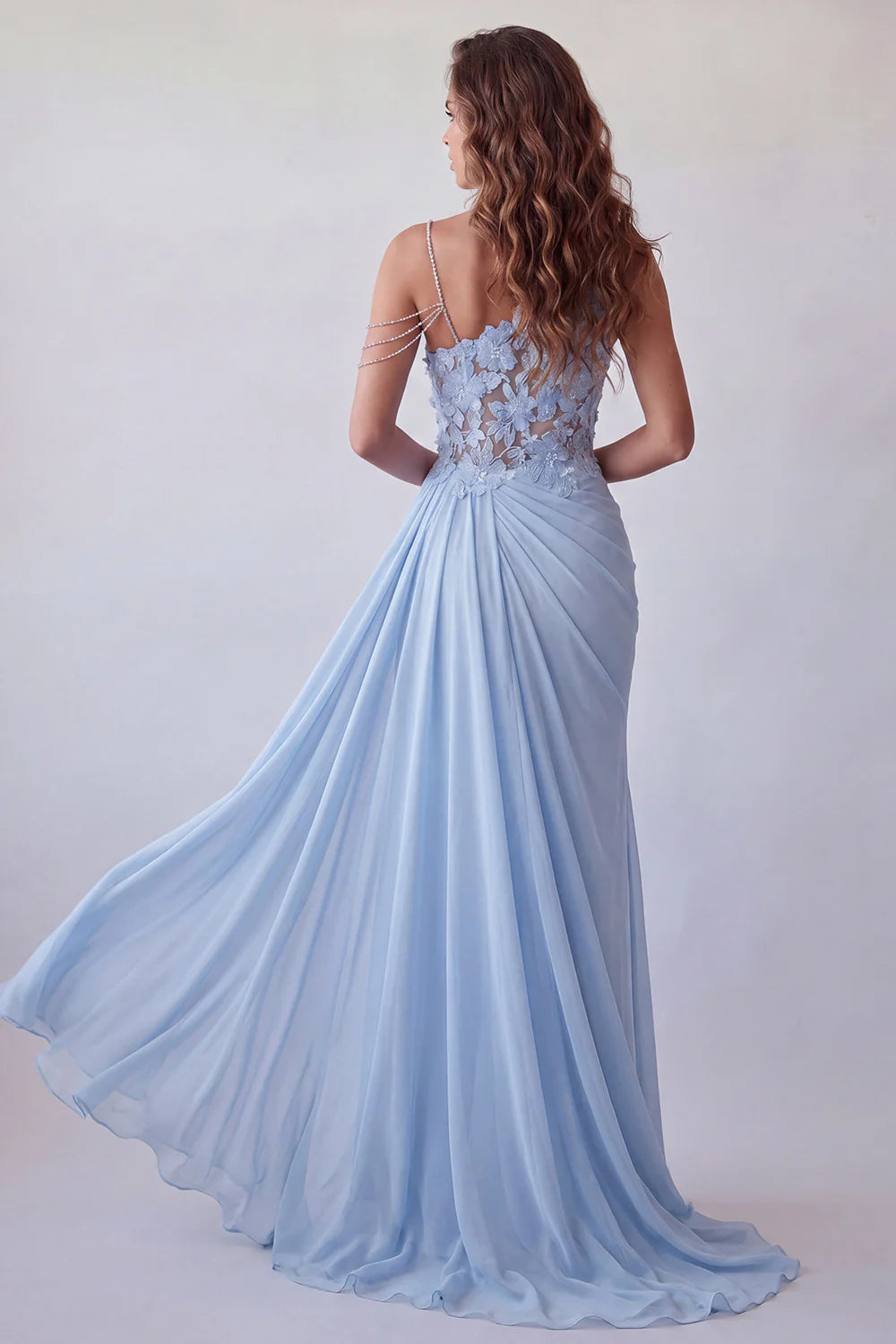 Light Blue Asymmetric Prom Dress With Floral Lace Bodice Beaded Strap And Draped Chiffon Skirt Formal Prom Dress