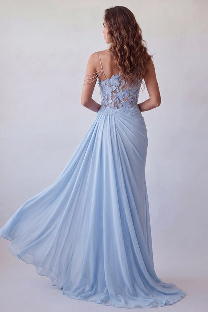 Light Blue Asymmetric Prom Dress With Floral Lace Bodice Beaded Strap And Draped Chiffon Skirt Formal Prom Dress