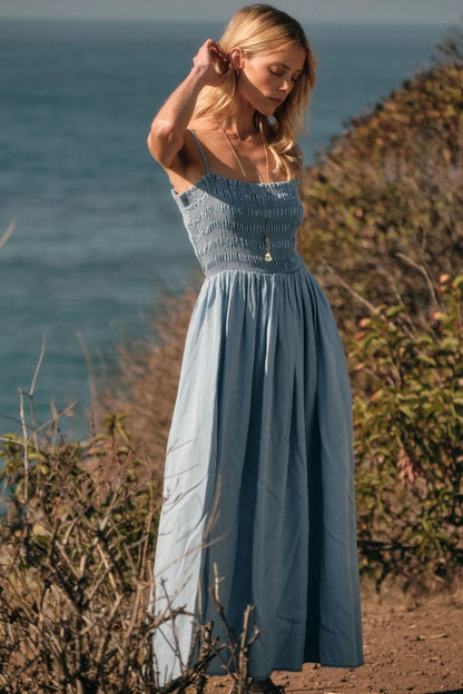 Light Blue Chambray Maxi Dresses with Spaghetti Strap Smocked Bodice for Beach Vacation and Weekend Outing