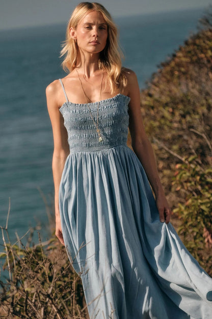 Light Blue Chambray Maxi Dresses with Spaghetti Strap Smocked Bodice for Beach Vacation and Weekend Outing