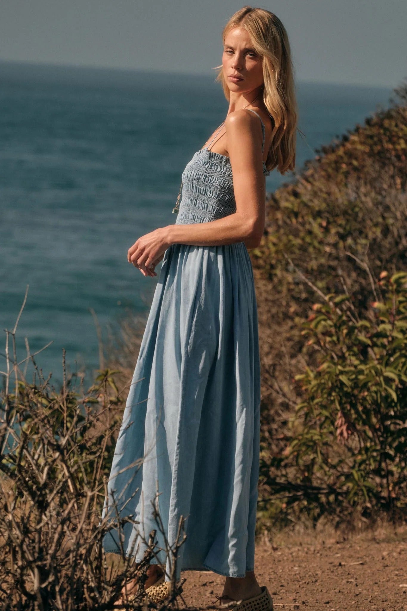 Light Blue Chambray Maxi Dresses with Spaghetti Strap Smocked Bodice for Beach Vacation and Weekend Outing