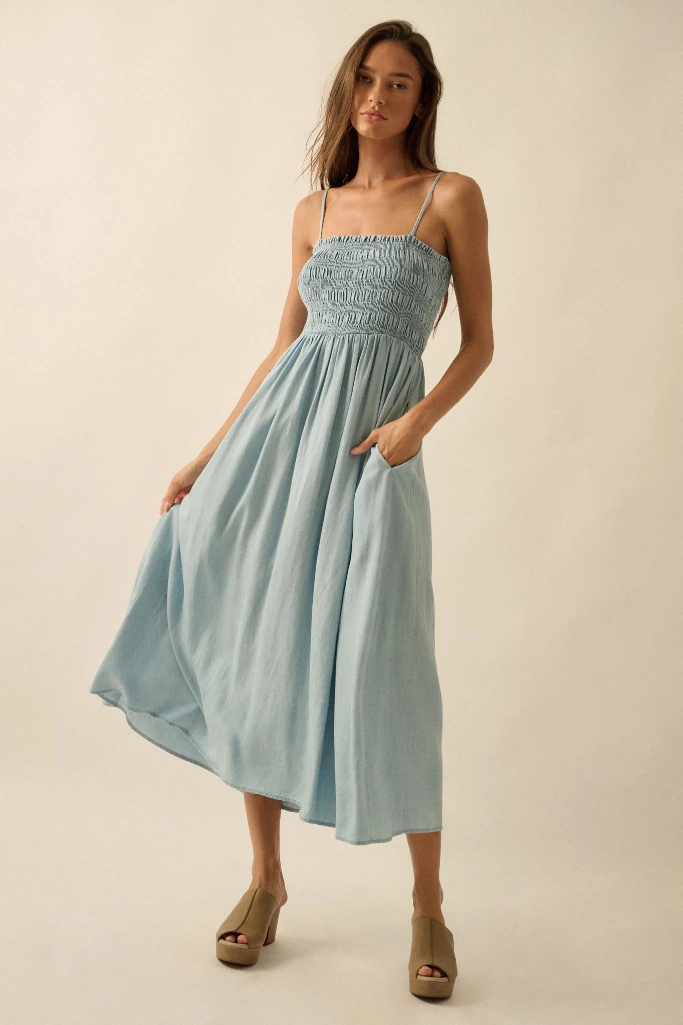 Light Blue Chambray Maxi Dresses with Spaghetti Strap Smocked Bodice for Beach Vacation and Weekend Outing