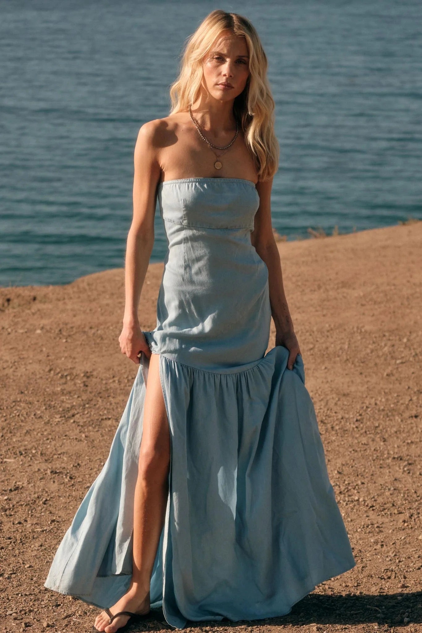 Light Blue Chambray Maxi Dresses with Strapless Neckline High Side Slit Ruffled Hem for Beach Vacation and Weekend Outing
