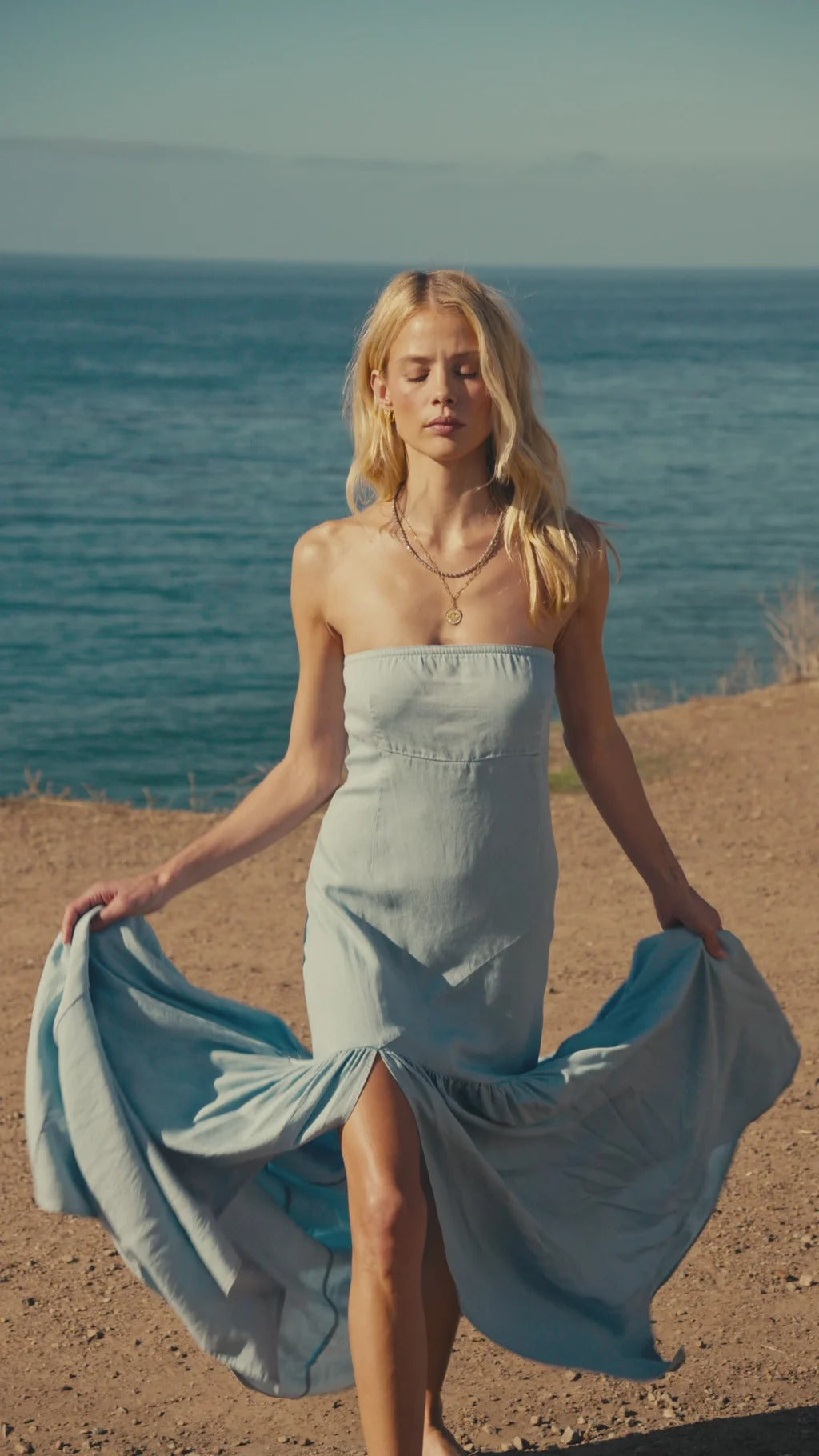 Light Blue Chambray Maxi Dresses with Strapless Neckline High Side Slit Ruffled Hem for Beach Vacation and Weekend Outing