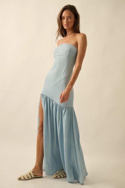 Light Blue Chambray Maxi Dresses with Strapless Neckline High Side Slit Ruffled Hem for Beach Vacation and Weekend Outing