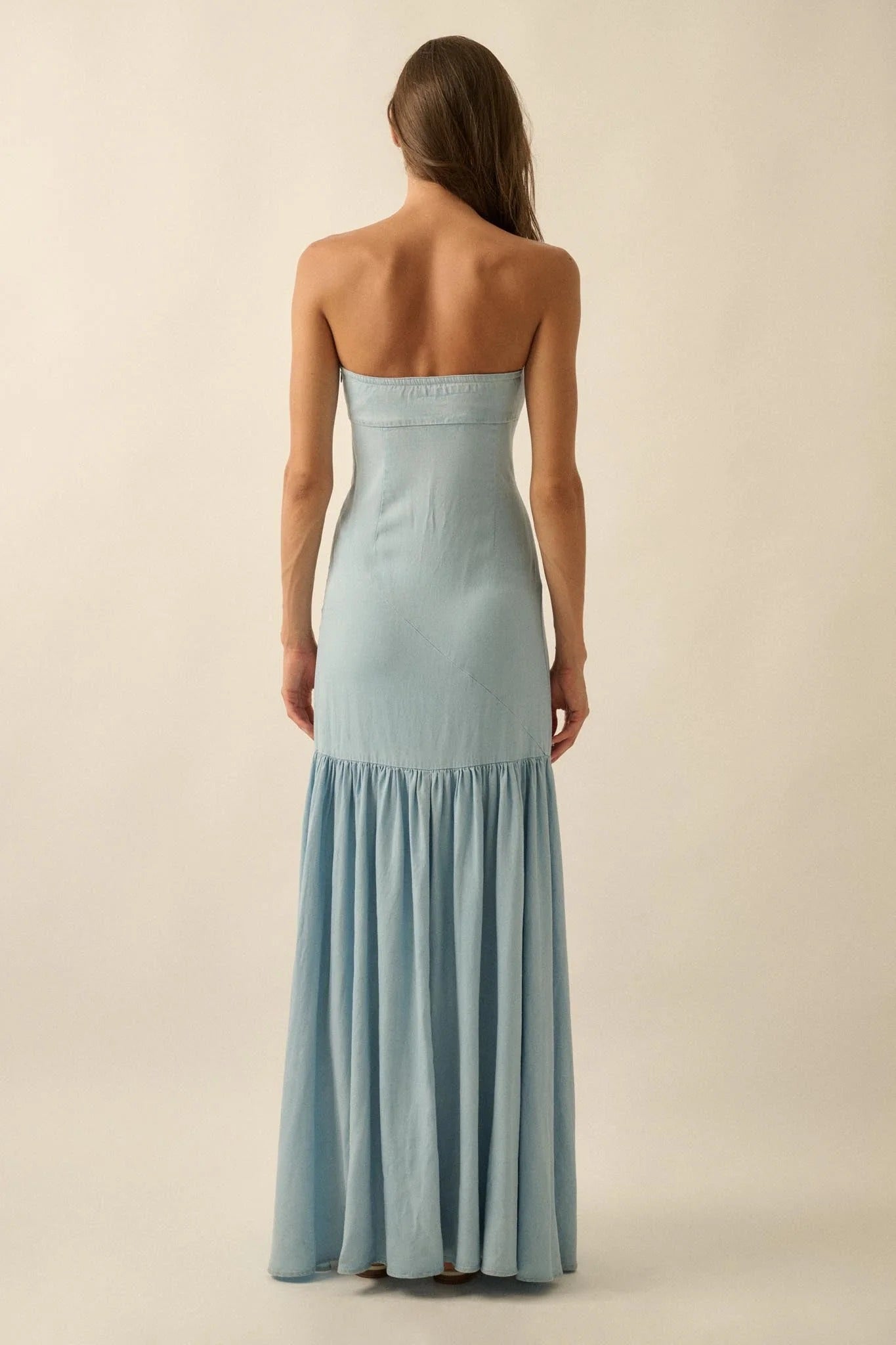 Light Blue Chambray Maxi Dresses with Strapless Neckline High Side Slit Ruffled Hem for Beach Vacation and Weekend Outing