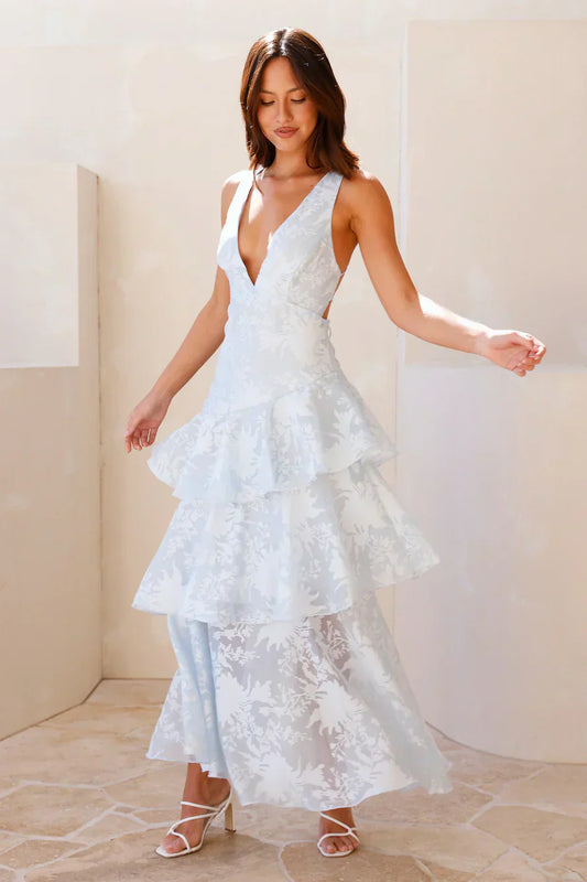 Light Blue Floral Burnout Tiered Ruffle Lace-Up Open Back Floor Length Formal Evening Prom Dress