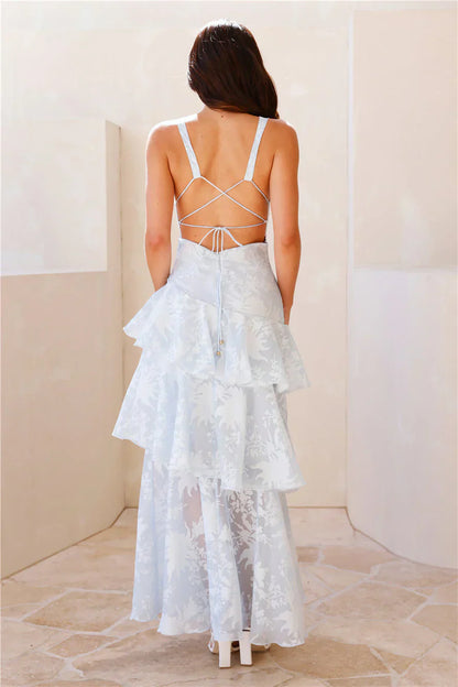 Light Blue Floral Burnout Tiered Ruffle Lace-Up Open Back Floor Length Formal Evening Prom Dress