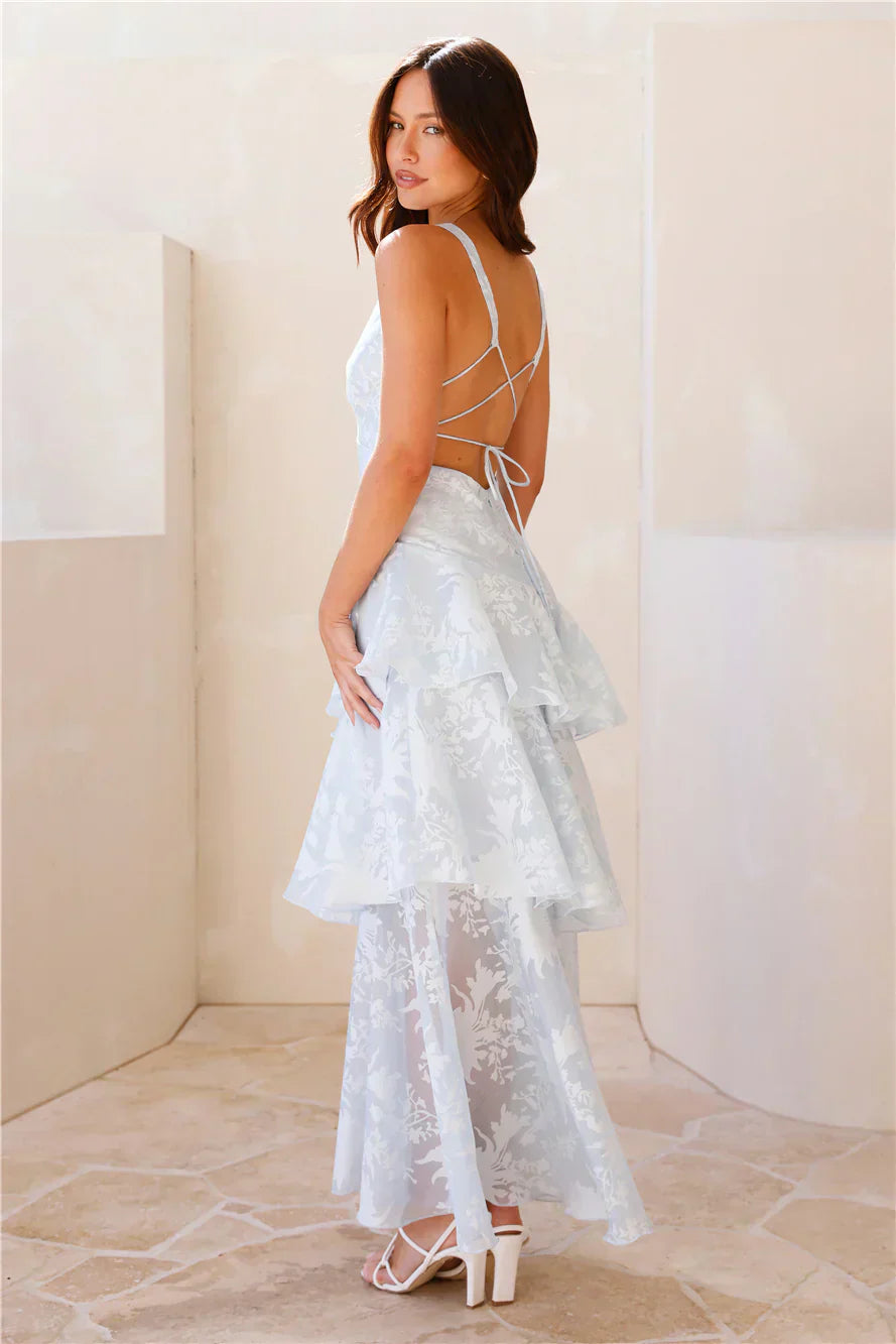 Light Blue Floral Burnout Tiered Ruffle Lace-Up Open Back Floor Length Formal Evening Prom Dress