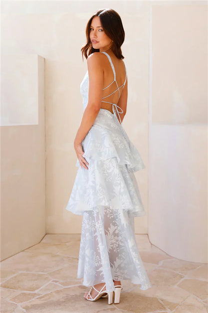 Light Blue Floral Burnout Tiered Ruffle Lace-Up Open Back Floor Length Formal Evening Prom Dress