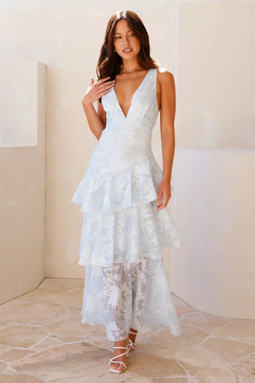 Light Blue Floral Burnout Tiered Ruffle Lace-Up Open Back Floor Length Formal Evening Prom Dress