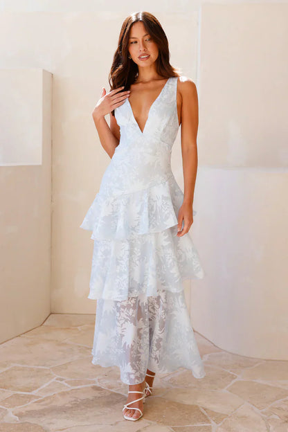 Light Blue Floral Burnout Tiered Ruffle Lace-Up Open Back Floor Length Formal Evening Prom Dress