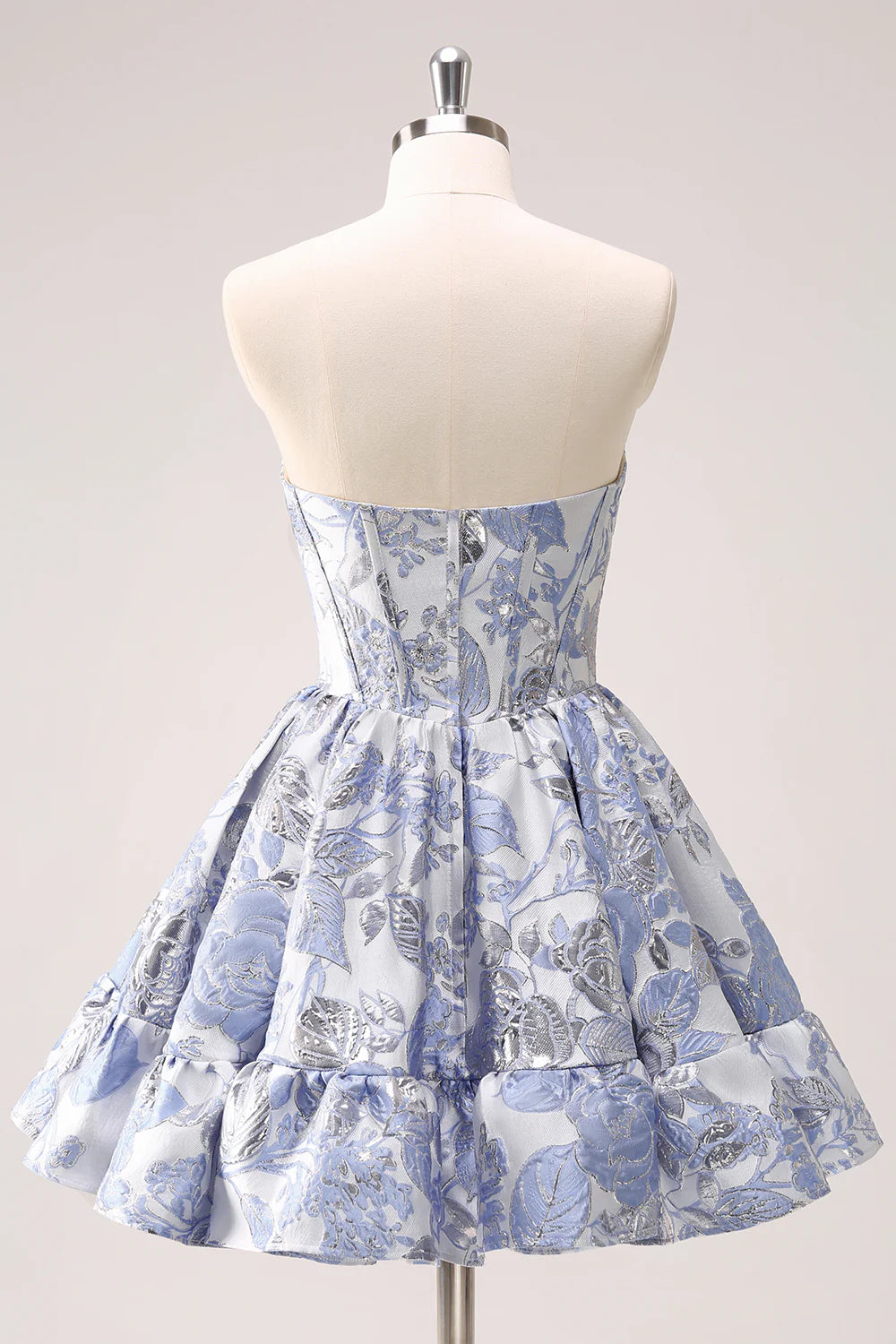 Light Blue Floral Print Strapless Homecoming Dress With Ruffled Skirt