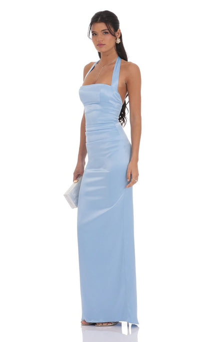 Light Blue Halter Neck Prom Dress With Bow Back And Ruched Bodice Satin Formal Prom Dress