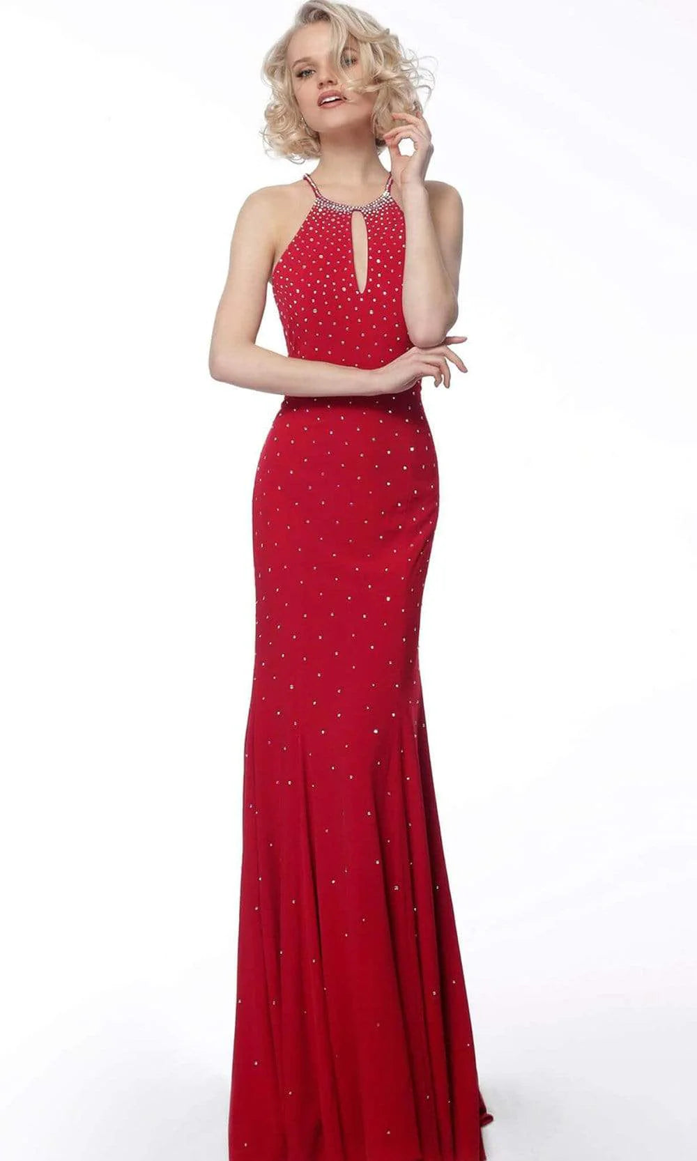 Light Blue Halter Neck Prom Dress With Rhinestone Keyhole Cutout And Jersey Mermaid Formal Prom Dress