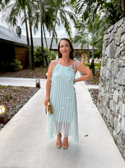Light Blue Halter Neck Tie Straps Pleated Chiffon Flowy Midi Prom Dress