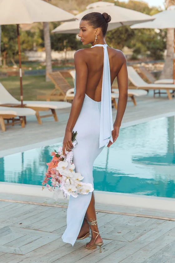 Light Blue Halter Prom Dress With Open Back Twisted Knot Detail And Form Fitting Mermaid Formal Prom Dress