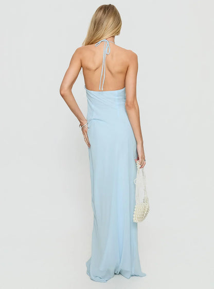 Light Blue Halter Prom Dress with Floral Embroidery and Open Back for Formal Events and Prom Nights