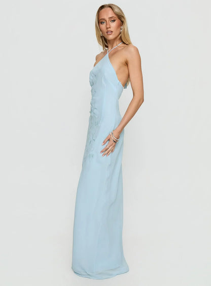 Light Blue Halter Prom Dress with Floral Embroidery and Open Back for Formal Events and Prom Nights
