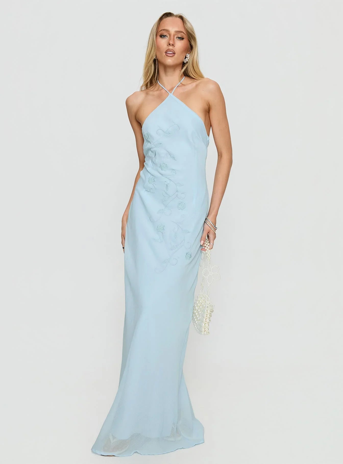 Light Blue Halter Prom Dress with Floral Embroidery and Open Back for Formal Events and Prom Nights