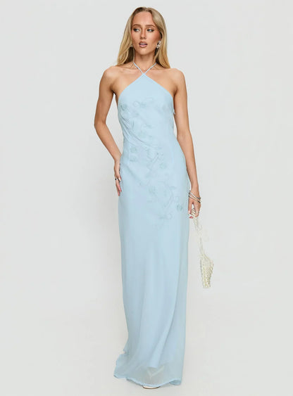 Light Blue Halter Prom Dress with Floral Embroidery and Open Back for Formal Events and Prom Nights
