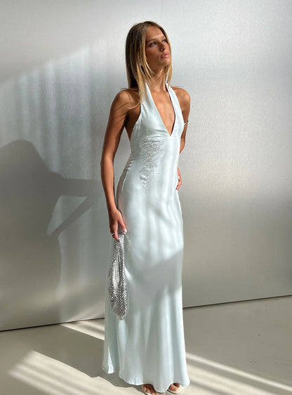 Light Blue Halter Prom Dress with Rhinestone Floral Embroidery and Open Back for Formal Events and Prom Nights