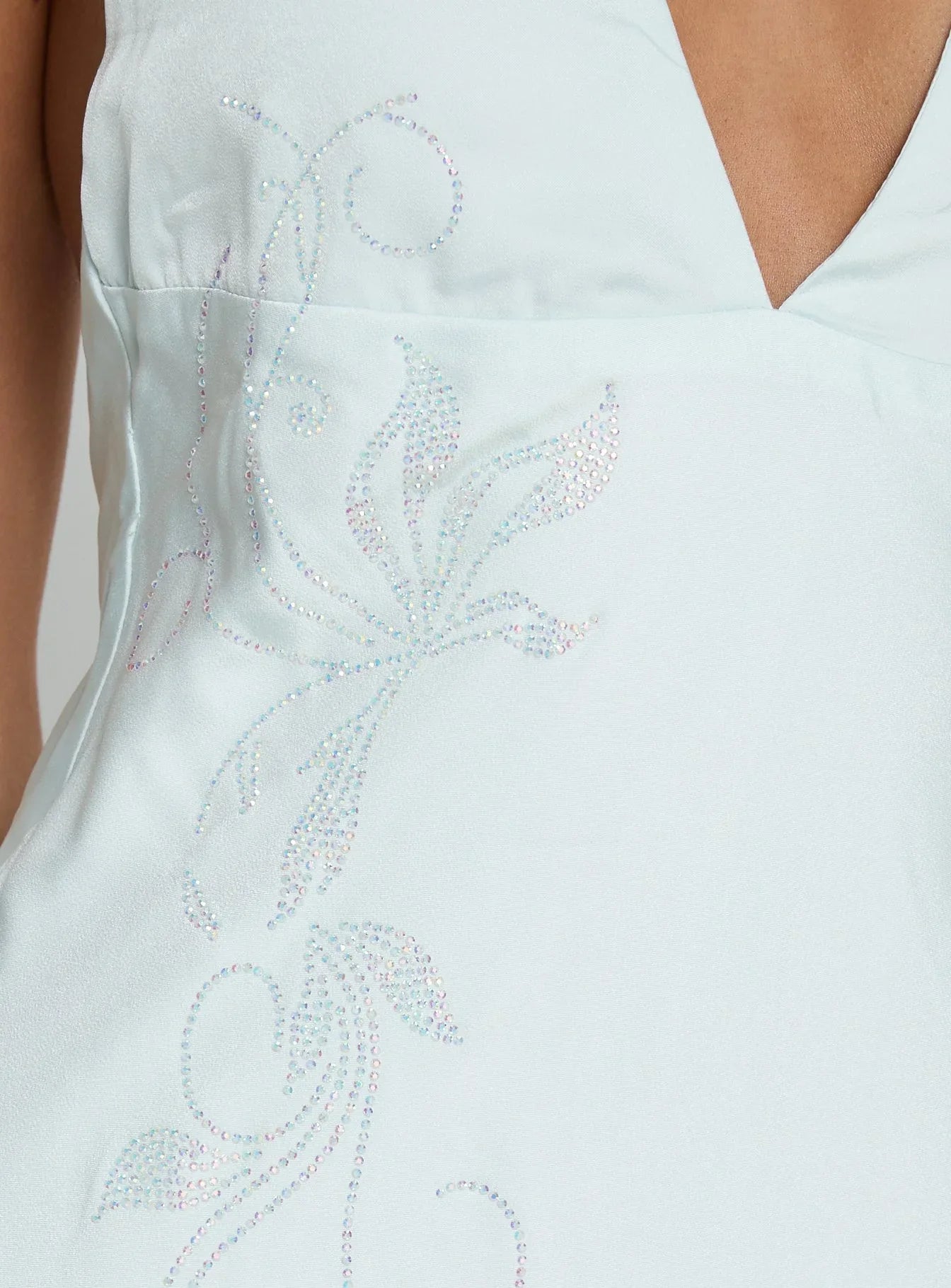 Light Blue Halter Prom Dress with Rhinestone Floral Embroidery and Open Back for Formal Events and Prom Nights